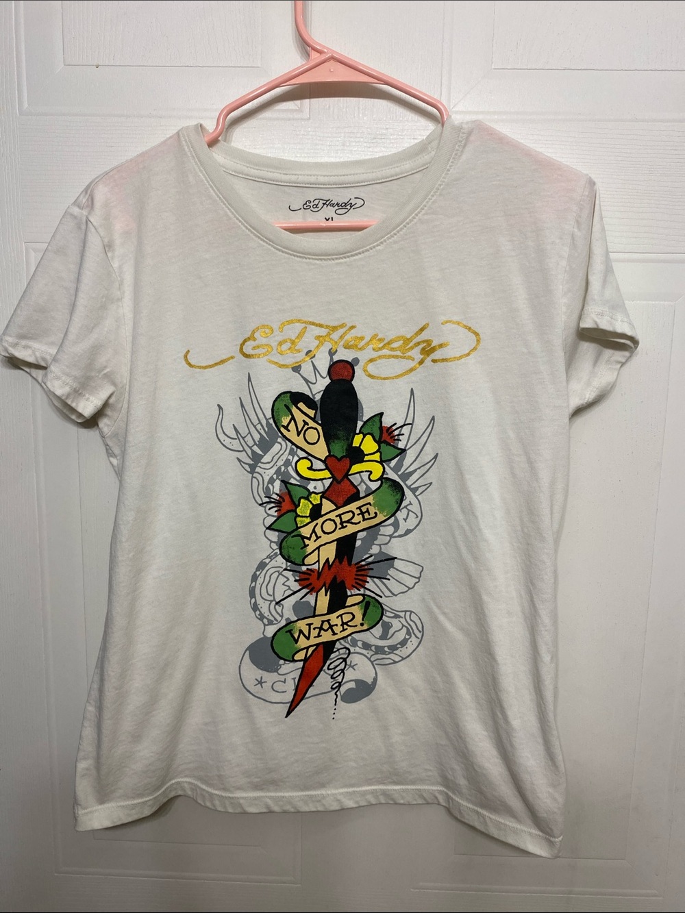 Ed Hardy White Tee with Multicolor Tattoo Graphic
